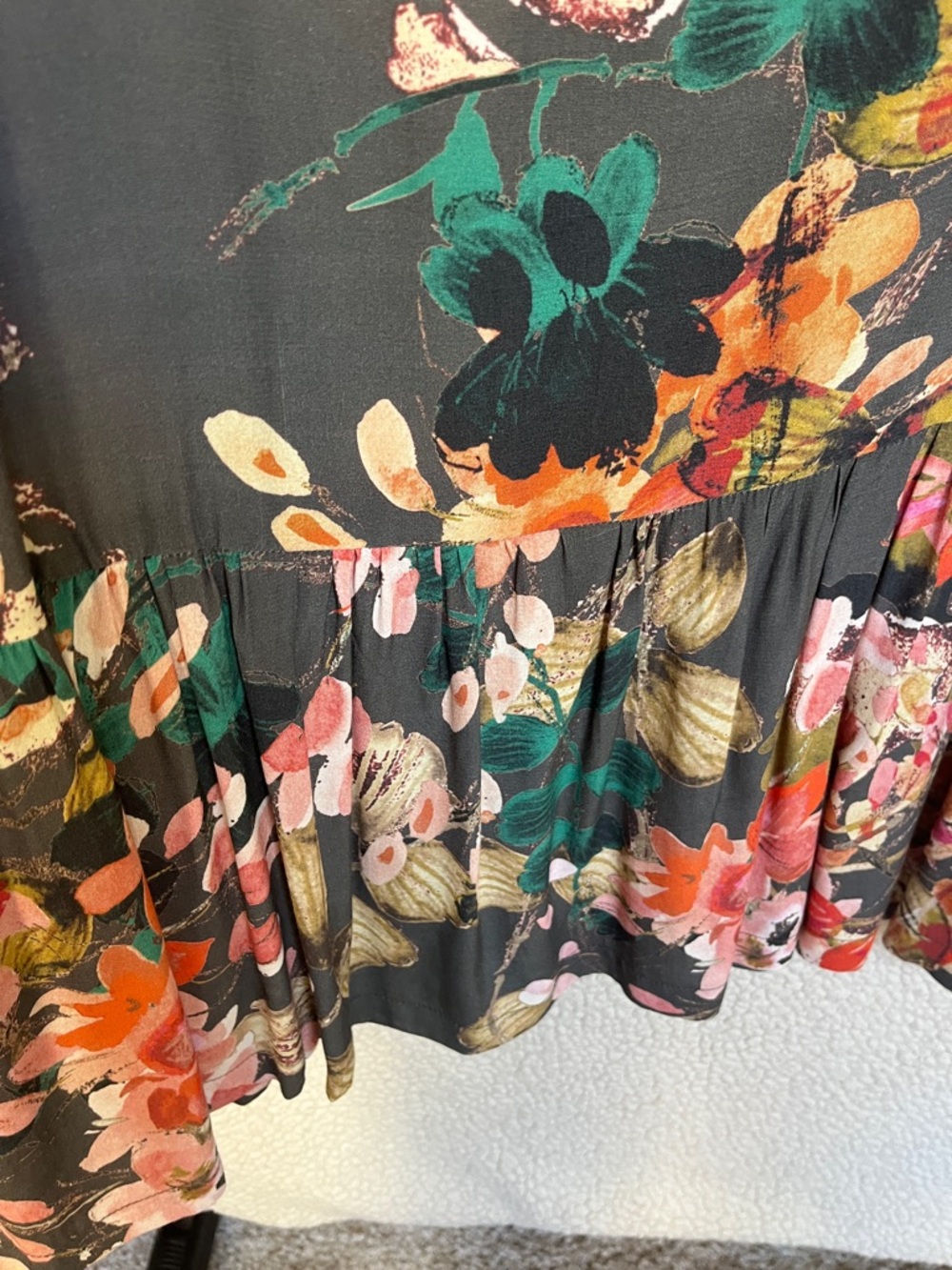 Anthropologie Dark Charcoal Floral Tiered Long-Sleeve Dress with side pockets - Picture 6 of 6